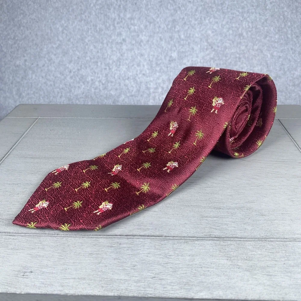 Tommy Bahama Necktie Mens Burgundy Santa Palm Tree Tropical Silk Christmas